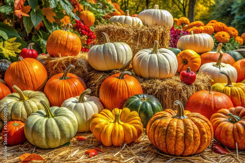 Captivating Array of Pumpkins in a Vibrant Autumn Setting, Showcasing Their Diverse Colors, Textures, and Shapes Amidst a Rustic Background of Fallen Leaves and Hay Bales Captivating Array of Pumpkins in a Vibrant Autumn Setting, Showcasing Their Diverse Colors, Textures, and Shapes Amidst a Rustic Background of Fallen Leaves and Hay Bales