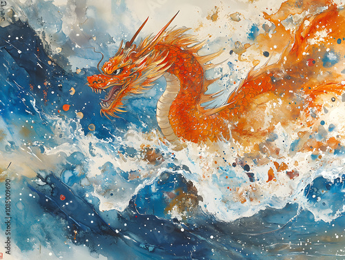 The colorful Chinese dragon painting on the turbulent sea gives a sense of power and legend. It can be used in Chinese cultural artwork or advertisements or historical tourism promotion. photo