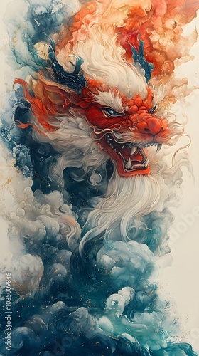 The colorful Chinese dragon painting on the turbulent sea gives a sense of power and legend. It can be used in Chinese cultural artwork or advertisements or historical tourism promotion. photo