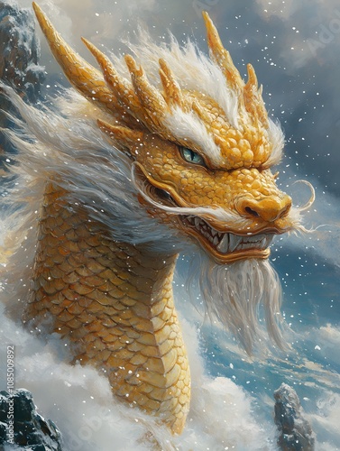 The colorful Chinese dragon painting on the turbulent sea gives a sense of power and legend. It can be used in Chinese cultural artwork or advertisements or historical tourism promotion. photo