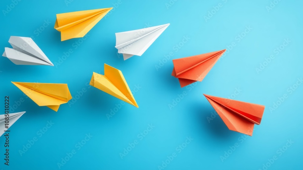 Naklejka premium Colorful paper airplanes soar against a vibrant blue backdrop. A playful image representing ideas taking flight.