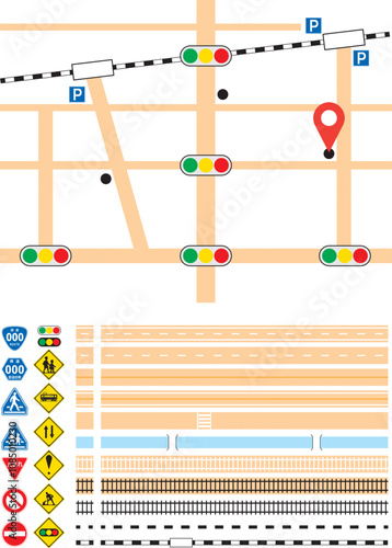 交通ルールの学習、地図の作製などに使える線路・道路・標識のセット