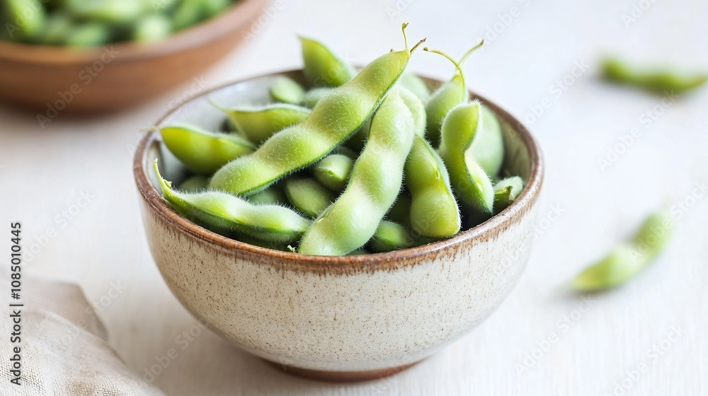 Pale green soybeans in a ceramic bowl, isolated on a neutral, light background with soft natural lighting Pale green soybeans in a ceramic bowl, isolated on a neutral, light background with soft natural lighting