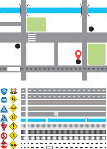 交通ルールの学習、地図の作製などに使える線路・道路・標識のセット