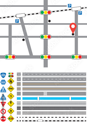 交通ルールの学習、地図の作製などに使える線路・道路・標識のセット
