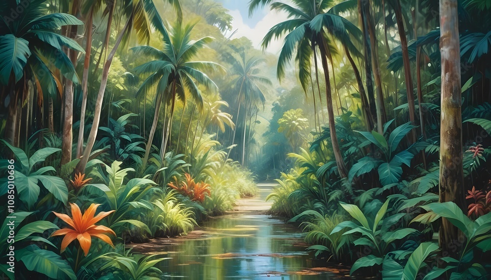 Tropical exotic pattern with animal and flowers in bright colors and lush vegetationn Tropical exotic pattern with animal and flowers in bright colors and lush vegetationn