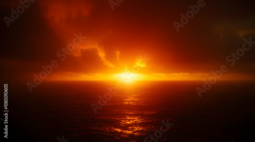 Fiery Sunset Over the Ocean, Realistic Image