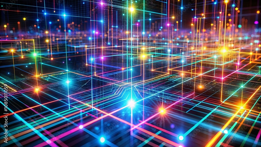 Interconnected Network of Vibrant Lines and Glowing Points, Representing a Complex Web of Information Flow and Digital Connection Interconnected Network of Vibrant Lines and Glowing Points, Representing a Complex Web of Information Flow and Digital Connection
