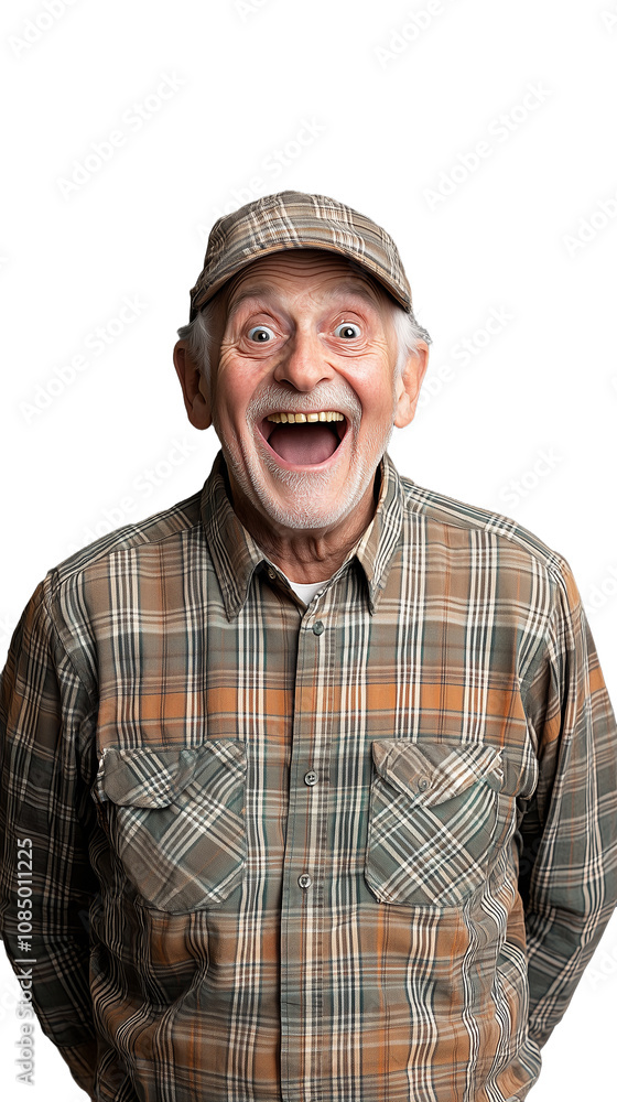 Elderly man expressing joy with wide smile on transparent background Elderly man expressing joy with wide smile on transparent background