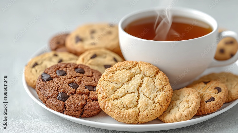 Freshly Baked Cookies and Steaming Cup of Tea on a White Plate with Soft Focus Background, Perfect for Cozy Moments and Delicious Treats Freshly Baked Cookies and Steaming Cup of Tea on a White Plate with Soft Focus Background, Perfect for Cozy Moments and Delicious Treats