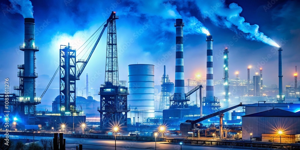 Industrial Complex Under a Twilight Sky, Illuminated by the Glow of Working Lights and Smoke Rising from Tall Stacks