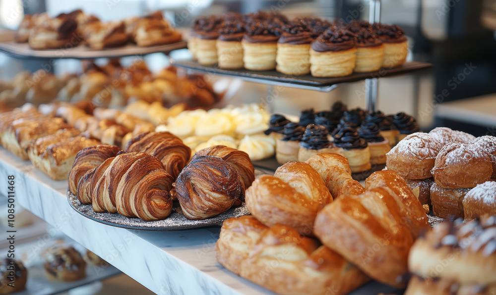 Delicious pastries and bread displayed on marble countertop. tempting array of sweet treats Delicious pastries and bread displayed on marble countertop. tempting array of sweet treats