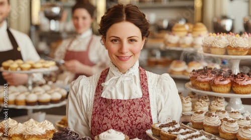 Smiling Female Baker in Vintage Bakery Surrounded by Delicious Pastries, Cupcakes, and Tasty Treats, Showcasing Artisan Confectionery and Warm Atmosphere