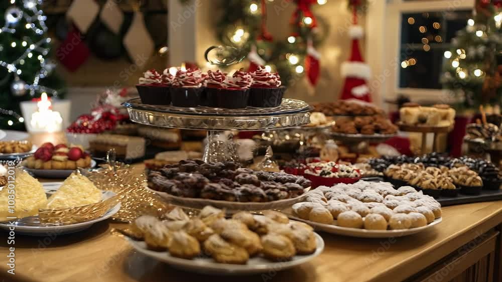 A festive atmosphere is created by a beautifully arranged selection of cookies, cupcakes, and pastries. A festive atmosphere is created by a beautifully arranged selection of cookies, cupcakes, and pastries.