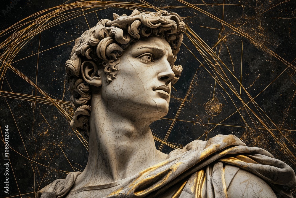 Obraz premium Stoic Marble Sculpture with Kintsugi Gold Accents in a Surreal Abstract Galaxy Universe