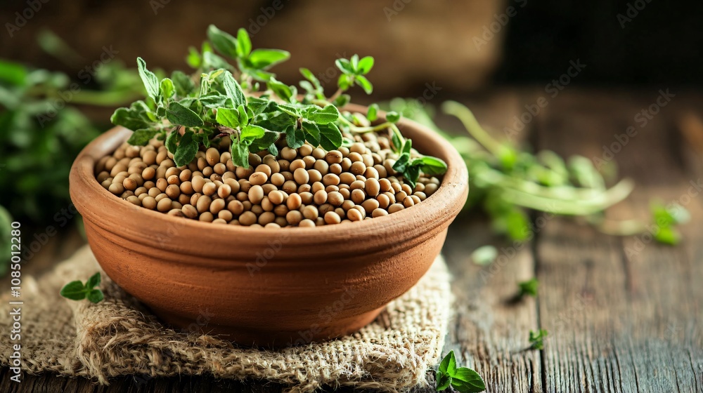 Soybeans in a clay bowl on a wooden surface, with sprigs of fresh herbs and rustic burlap for texture Soybeans in a clay bowl on a wooden surface, with sprigs of fresh herbs and rustic burlap for texture