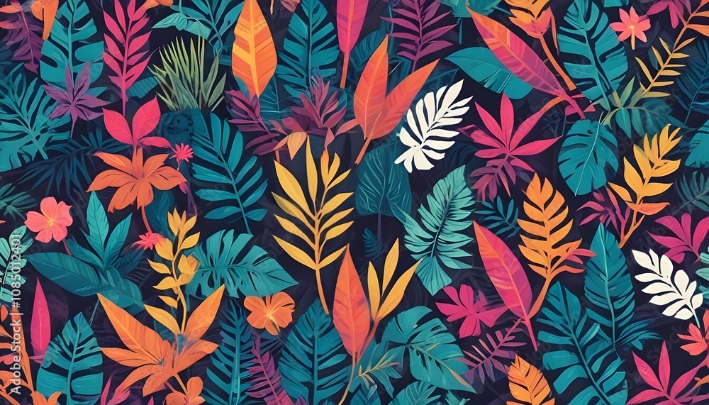 Tropical exotic pattern with animal and flowers in bright colors and lush vegetationn Tropical exotic pattern with animal and flowers in bright colors and lush vegetationn