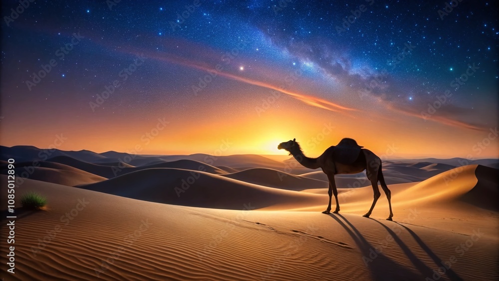 Captivating Low Light Photography of Desert Sand Dunes with a Camel Under a Starry Sky – Perfect for Evoking Serenity and Adventure in Nature Captivating Low Light Photography of Desert Sand Dunes with a Camel Under a Starry Sky – Perfect for Evoking Serenity and Adventure in Nature