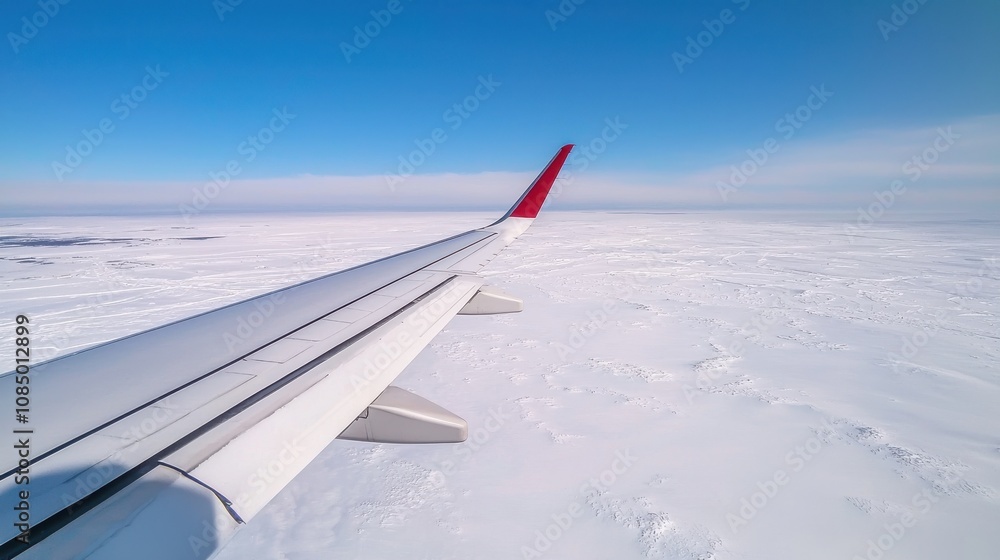 Fototapeta premium Aerial view from airplane wing over snowy landscape and blue sky.
