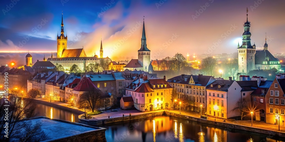 Fototapeta premium Tallinn Poland Night Photography - Majestic Architecture, AI Art