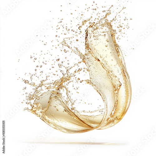 A wave of champagne forming a delicate breeze, sparkling in mid-air, on a pure white backdrop
