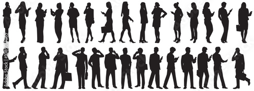 silhouette of people using mobile phone collection on isolated white background. People chatting contacting, messaging, connecting, phonecall business people. 