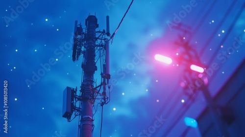 Telecommunication antenna tower against a blue tech-inspired backdrop.

