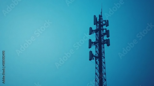 Telecommunication antenna tower against a blue tech-inspired backdrop.

