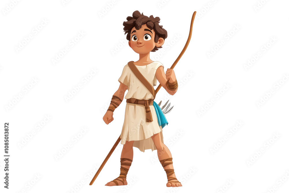David as a young shepherd, holding a sling, white background. David as a young shepherd, holding a sling, white background.