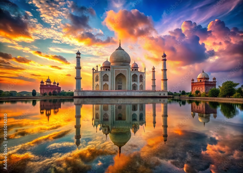 Fototapeta premium Captivating Reflection of Taj Mahal at Dusk with Dramatic Sky Over Water, Showcasing the Beauty of Indian Architecture and Nature's Palette