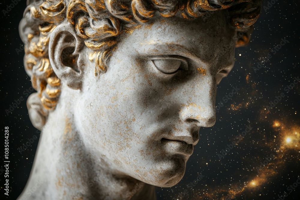 Stoic Marble Sculpture with Kintsugi Gold Accents in a Surreal Abstract Galaxy Universe Stoic Marble Sculpture with Kintsugi Gold Accents in a Surreal Abstract Galaxy Universe