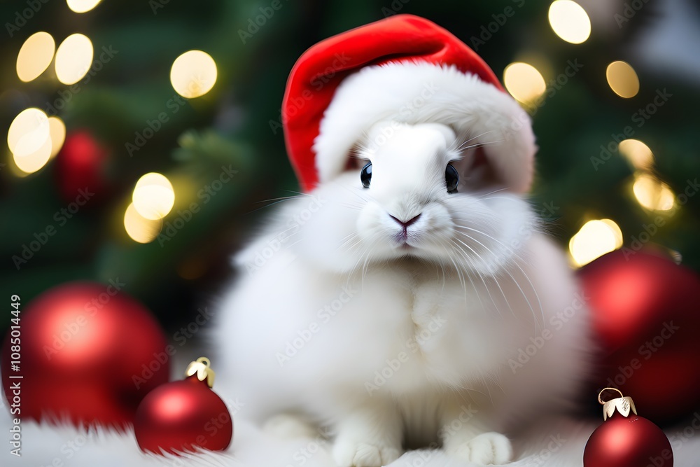 cute little rabbit sits under the New Year's tree cute little rabbit sits under the New Year's tree
