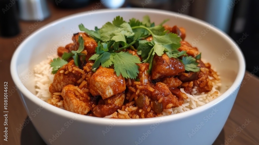 Flavorful chicken tikka served with savory rice.
Flavorful chicken tikka served with savory rice.