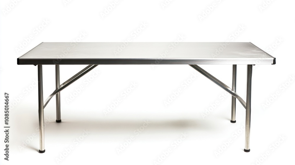 A stainless steel folding table isolated on a white background. A stainless steel folding table isolated on a white background.