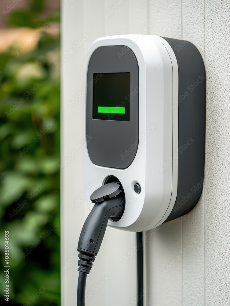 A sleek electric vehicle charger mounted on a wall, displaying a charging status indicator with a plug connected, set against a backdrop of greenery. A sleek electric vehicle charger mounted on a wall, displaying a charging status indicator with a plug connected, set against a backdrop of greenery.