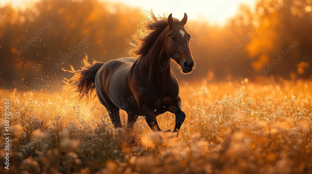 Horse Running in a Golden Field Horse Running in a Golden Field