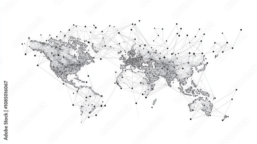 A world map with connected points symbolizing a global network. A world map with connected points symbolizing a global network.