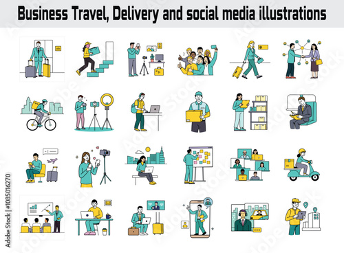 Business Travel, Delivery, and Social Media Illustrations - Mega Set of Trendy Business Activities Scenes with Men and Women