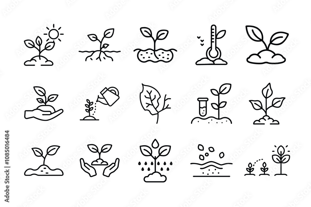 Naklejka premium Plant Growing Line Icons Set - Spring Growth Stages, Seeds, Seedlings, Drought, Soil Testing, Agriculture Outline Vector