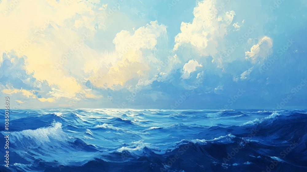 An oil painting of morning waves on the sea An oil painting of morning waves on the sea
