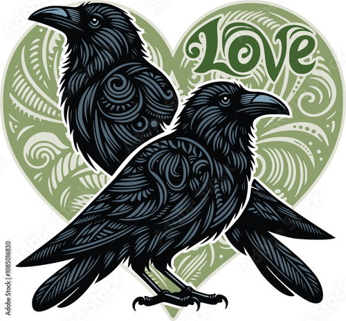 Vector design featuring two ravens with the text "Love" in a Valentine's Day theme