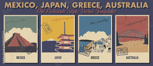 Mexico, Japan, Greece, Australia Main Attractions Postcard Set. Pyramid, Pagoda, Townscape, Bridge Vector Templates Retro Style Greeting Cards. Postal Imprints