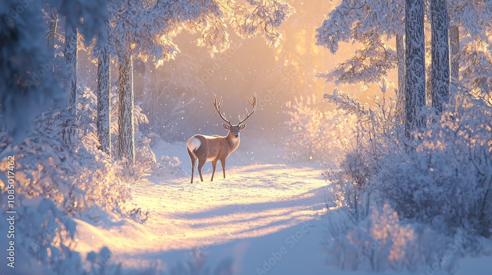 Fototapeta premium Majestic deer in a snowy forest winter wonderland nature photography serene landscape warm light wildlife concept