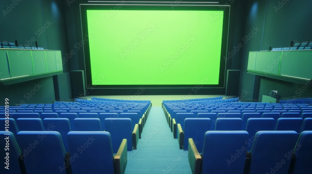 Fototapeta premium A top-row view of a cinema with a large green screen.