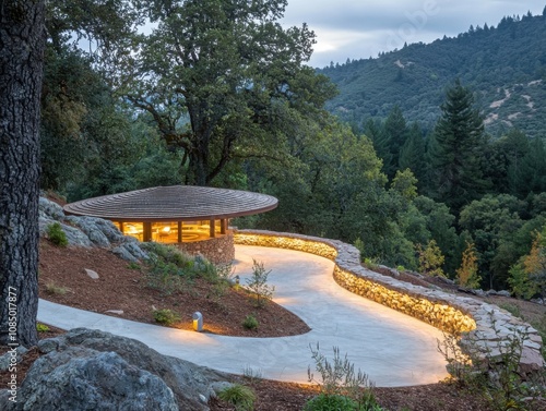 green building Materials of Scenic pathway leading to a modern pavilion surrounded by lush greenery and trees. photo