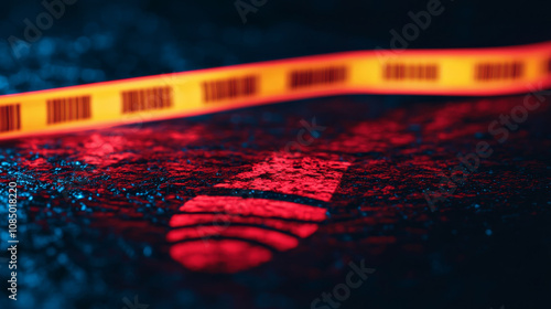 Crime, digital footprint concept. Neon crime scene tape glows on dark surface, creating dramatic effect