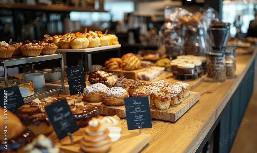 Delicious pastries and baked goods displayed on wooden boards in cafe. aroma is inviting and sweet