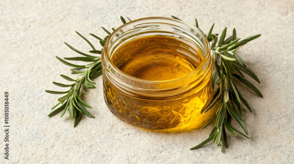 Golden olive oil in a glass jar, with fresh rosemary sprigs, isolated on a light stone background Golden olive oil in a glass jar, with fresh rosemary sprigs, isolated on a light stone background