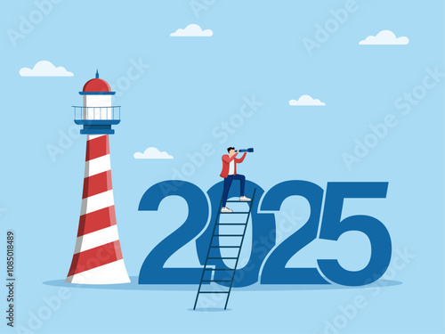 New year 2025 business outlook, planning or strategy to success, vision or forecast, year begin anticipation, improvement or progress concept, businessman on year number 2025 look through telesco