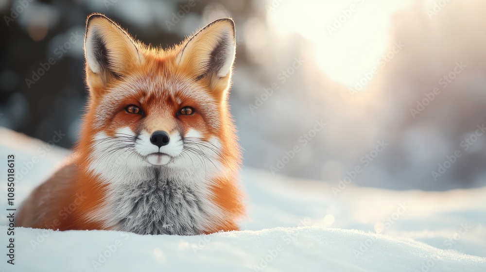 Fototapeta premium Winter wildlife close-ups. A beautiful fox resting in the serene snowy landscape.